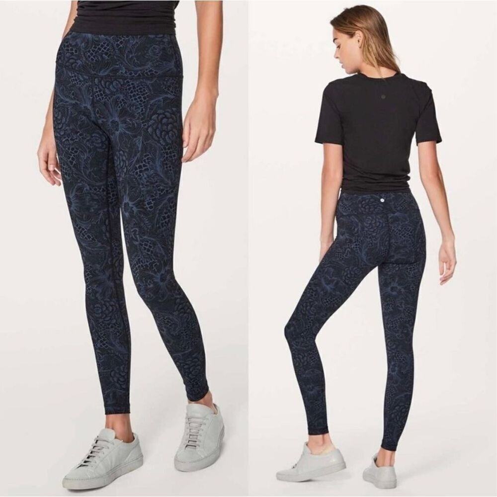 Lululemon Wunder Under High Rise Nouveau Mach‎ Blue Black Leggings